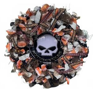 Harley-Davidson Skull Motorcycle Themed Outdoor Wreath with Lights